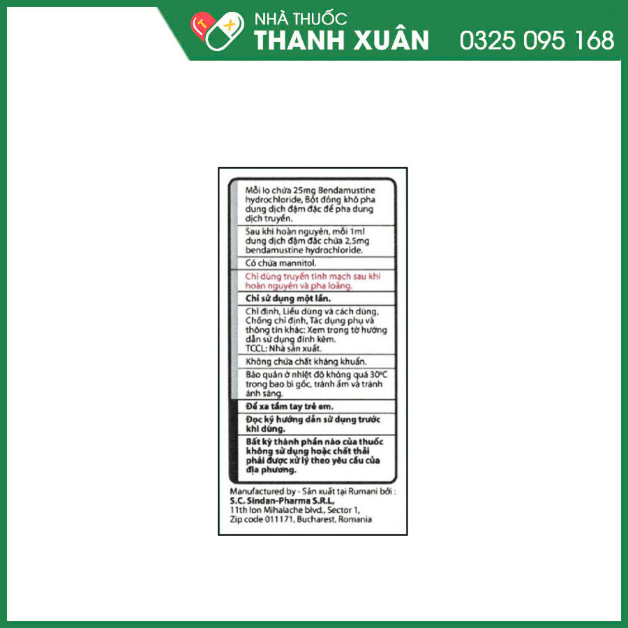 Bendamustine Teva 25mg thuốc điều trị một số loại ung thư máu và hạch, bao gồm bệnh bạch cầu lympho mạn, u lympho không Hodgkin và đa u tủy